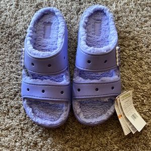 Purple fuzzy croc slides